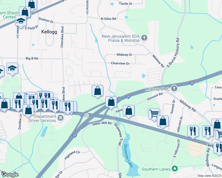 map of restaurants, bars, coffee shops, grocery stores, and more near 5493 Westmoreland Plaza in Douglasville