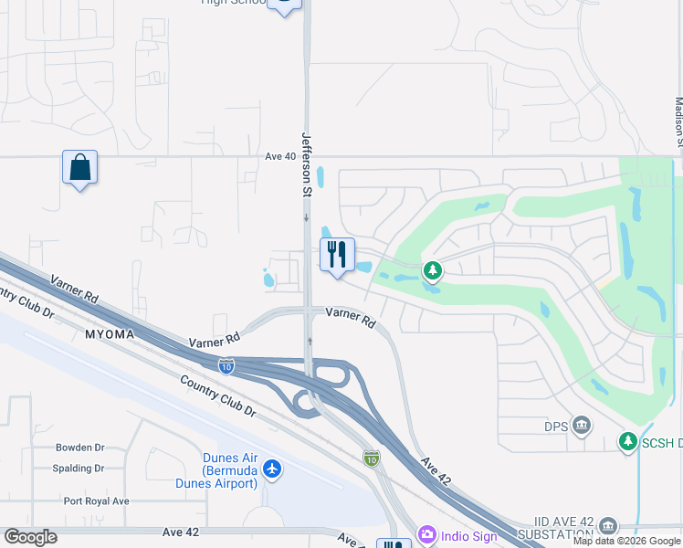 map of restaurants, bars, coffee shops, grocery stores, and more near 80096 Camino Santa Elise in Indio