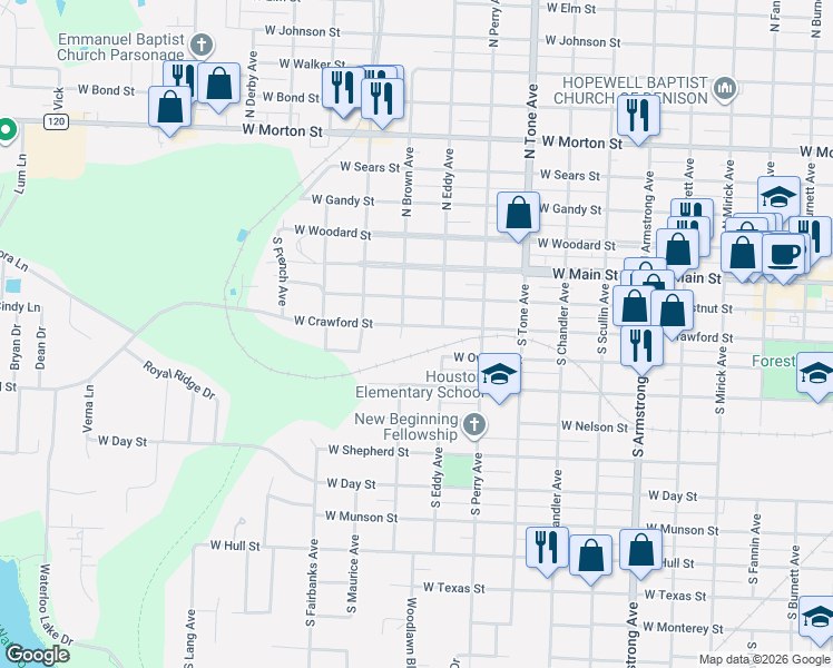 map of restaurants, bars, coffee shops, grocery stores, and more near 1323 West Crawford Street in Denison
