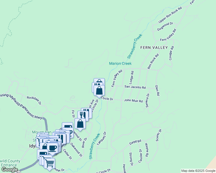 map of restaurants, bars, coffee shops, grocery stores, and more near 25445 Fern Valley Road in Idyllwild-Pine Cove
