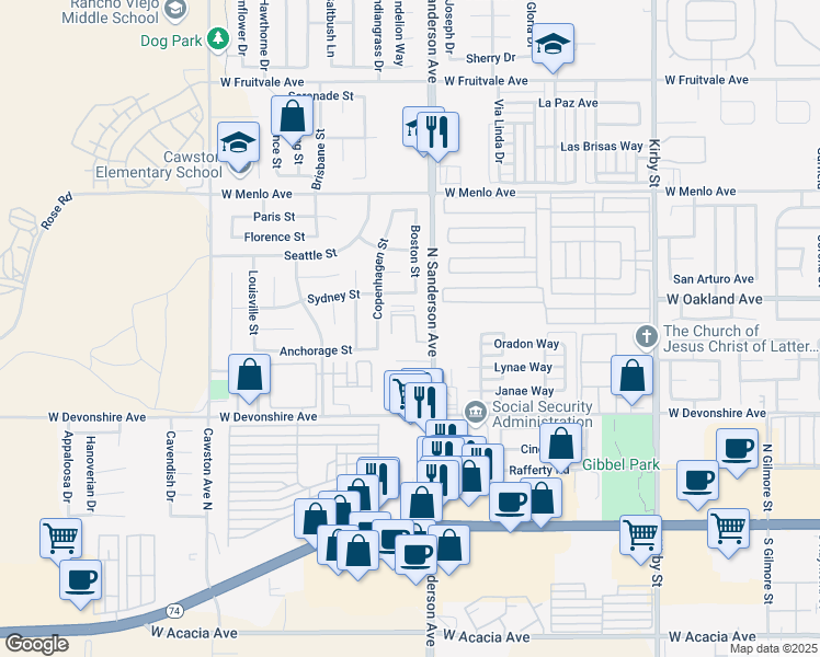 map of restaurants, bars, coffee shops, grocery stores, and more near 3365 Sydney Street in Hemet