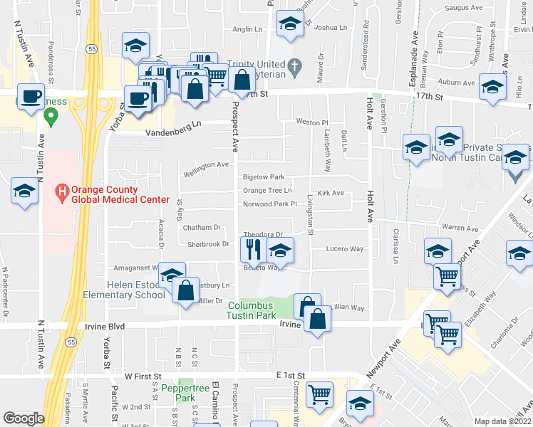map of restaurants, bars, coffee shops, grocery stores, and more near 17861 Norwood Park Place in Tustin