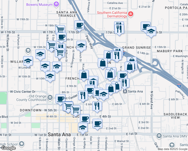 map of restaurants, bars, coffee shops, grocery stores, and more near 920 Poinsettia Street North in Santa Ana