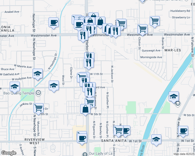 map of restaurants, bars, coffee shops, grocery stores, and more near 1102 North Bewley Street in Santa Ana