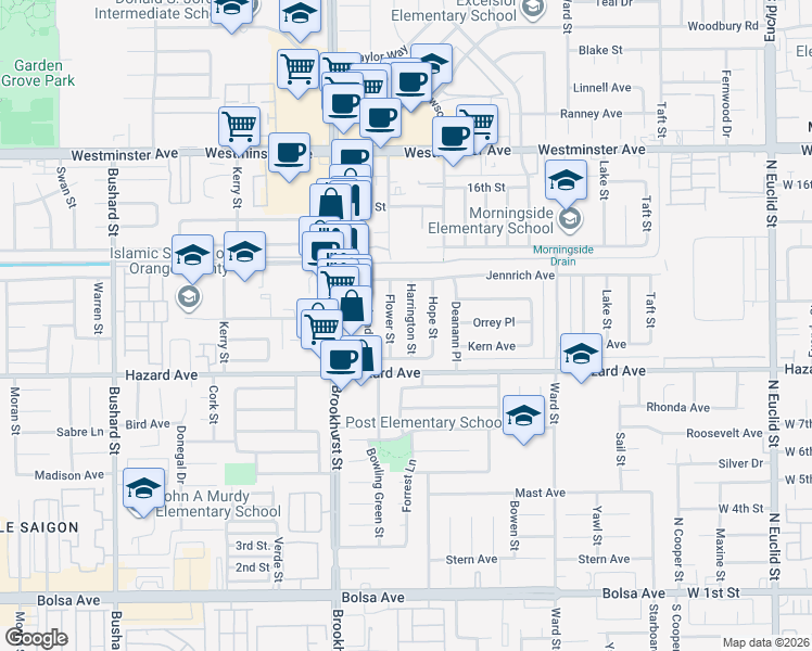 map of restaurants, bars, coffee shops, grocery stores, and more near 14332 Flower Street in Garden Grove