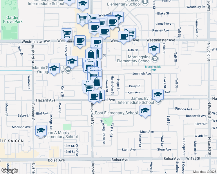 map of restaurants, bars, coffee shops, grocery stores, and more near 14332 Flower Street in Garden Grove