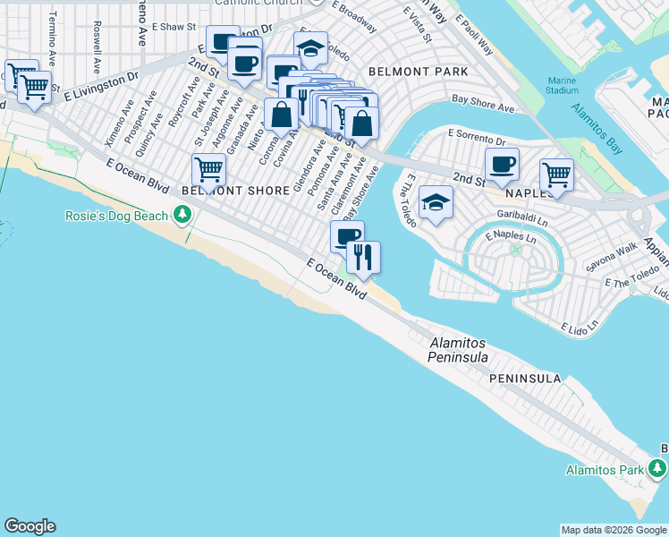 map of restaurants, bars, coffee shops, grocery stores, and more near 30 Bay Shore Avenue in Long Beach