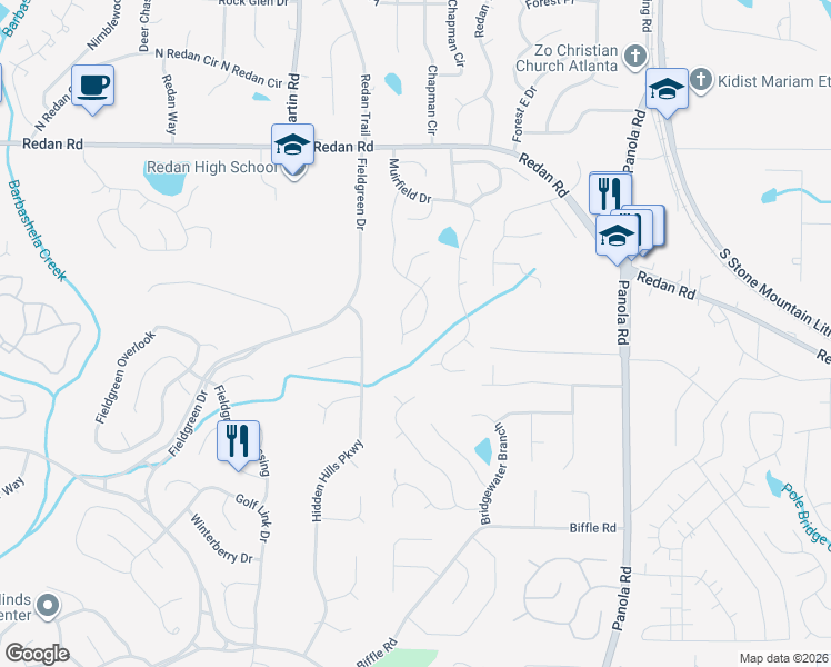map of restaurants, bars, coffee shops, grocery stores, and more near 1346 Muirforest Drive in Stone Mountain