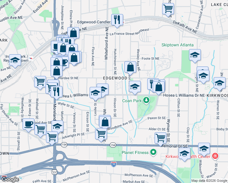 map of restaurants, bars, coffee shops, grocery stores, and more near 3739 Hutchinson Street Northeast in Atlanta