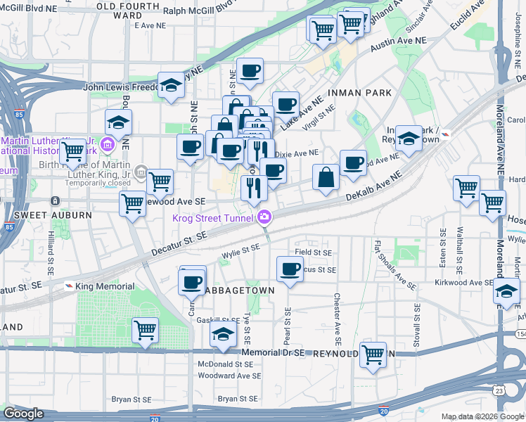 map of restaurants, bars, coffee shops, grocery stores, and more near 30 Waddell Street Northeast in Atlanta