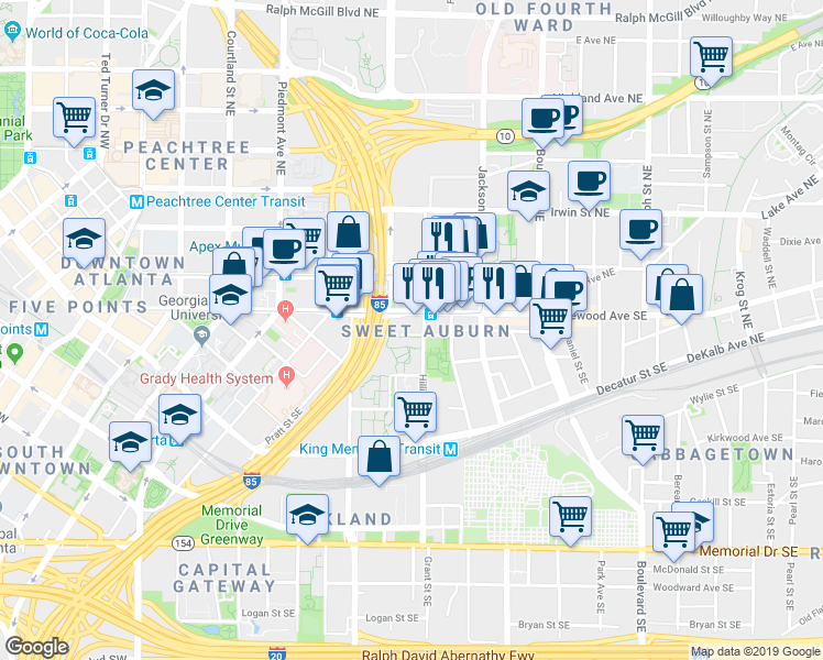 map of restaurants, bars, coffee shops, grocery stores, and more near in Atlanta