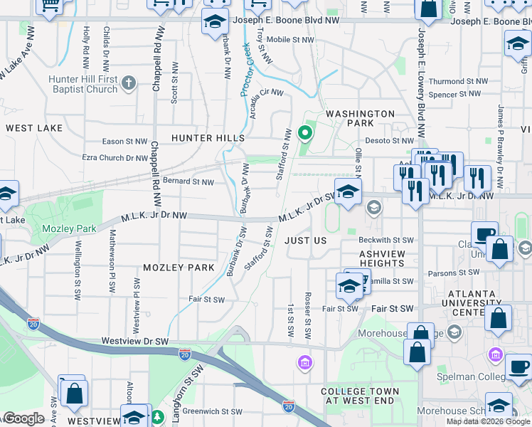 map of restaurants, bars, coffee shops, grocery stores, and more near 4 Burbank Drive Southwest in Atlanta