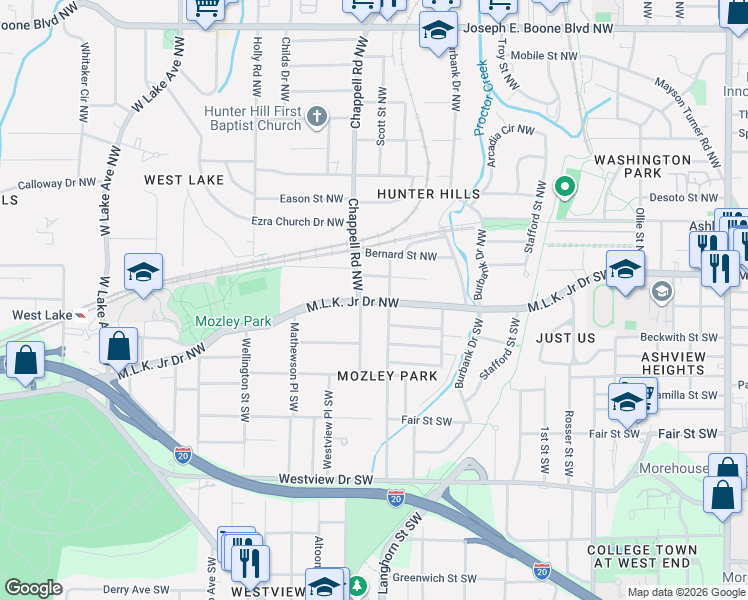 map of restaurants, bars, coffee shops, grocery stores, and more near 1310 Chicamauga Avenue Northwest in Atlanta