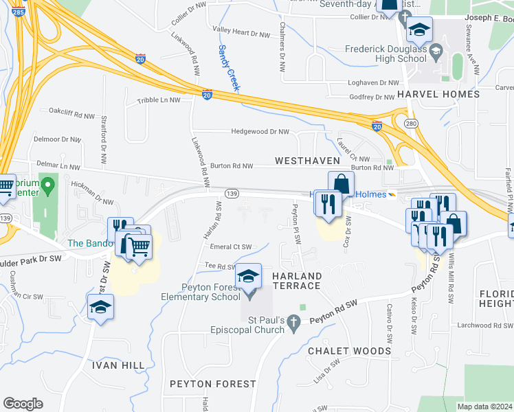 map of restaurants, bars, coffee shops, grocery stores, and more near in Atlanta