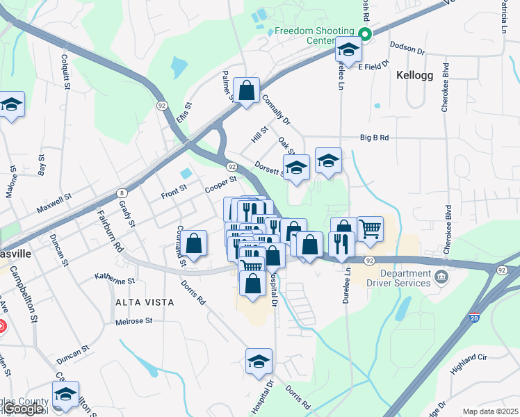 map of restaurants, bars, coffee shops, grocery stores, and more near 8308 Office Park Drive in Douglasville