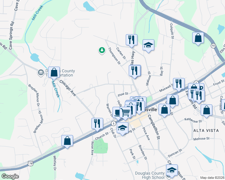 map of restaurants, bars, coffee shops, grocery stores, and more near 8305 Hollis Street in Douglasville