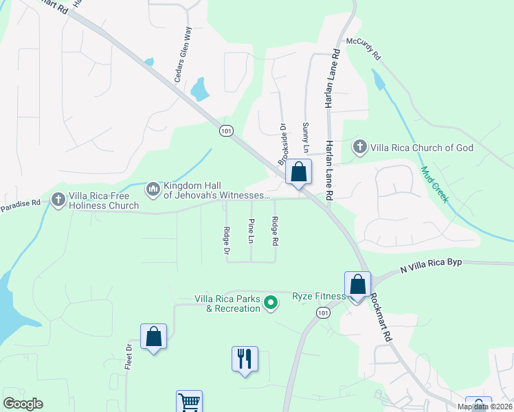 map of restaurants, bars, coffee shops, grocery stores, and more near 1240 Lake Paradise Road in Villa Rica