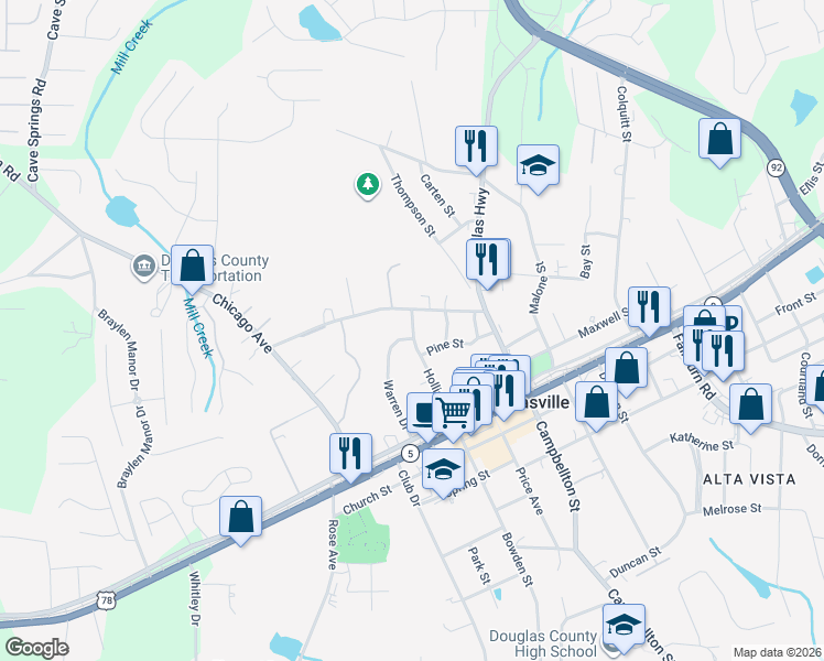 map of restaurants, bars, coffee shops, grocery stores, and more near 8307 Hollis Street in Douglasville
