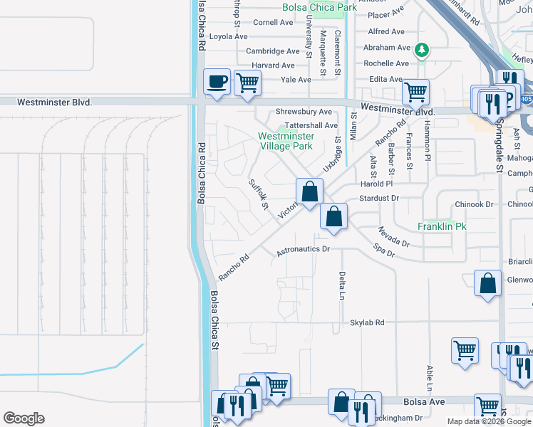 map of restaurants, bars, coffee shops, grocery stores, and more near 14405 Suffolk Street in Westminster