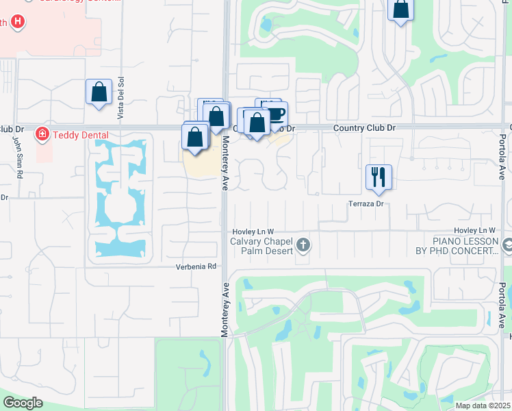 map of restaurants, bars, coffee shops, grocery stores, and more near 40440 Periwinkle Court in Palm Desert