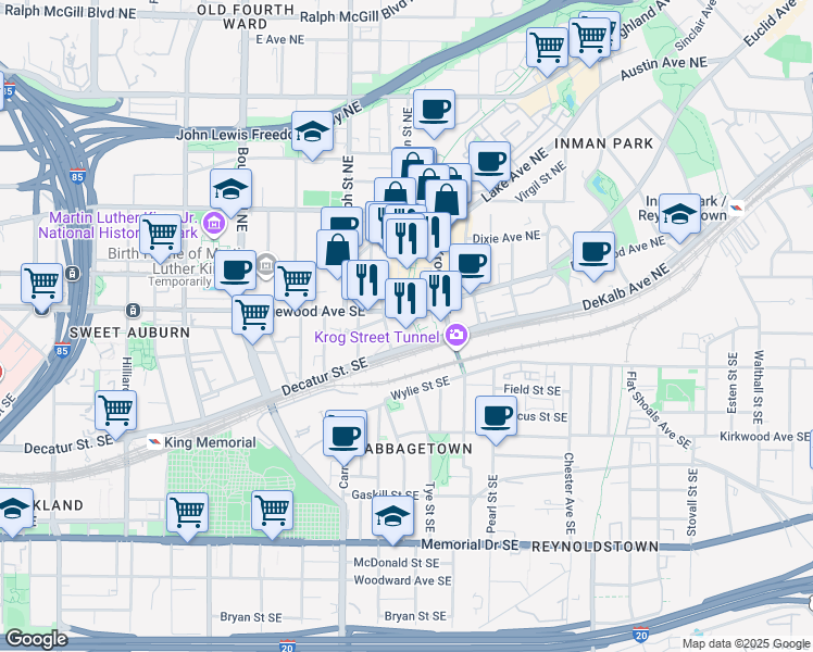map of restaurants, bars, coffee shops, grocery stores, and more near 670 DeKalb Avenue Northeast in Atlanta