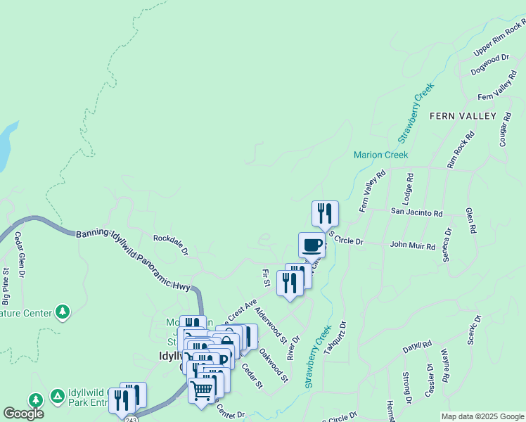 map of restaurants, bars, coffee shops, grocery stores, and more near 54650 Falling Leaf Drive in Idyllwild-Pine Cove