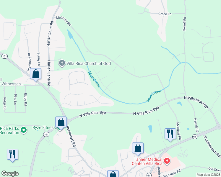 map of restaurants, bars, coffee shops, grocery stores, and more near 164 Reid Plantation Drive in Villa Rica