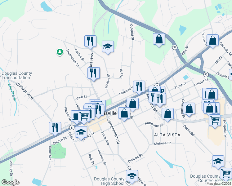 map of restaurants, bars, coffee shops, grocery stores, and more near 8309 Max Court in Douglasville
