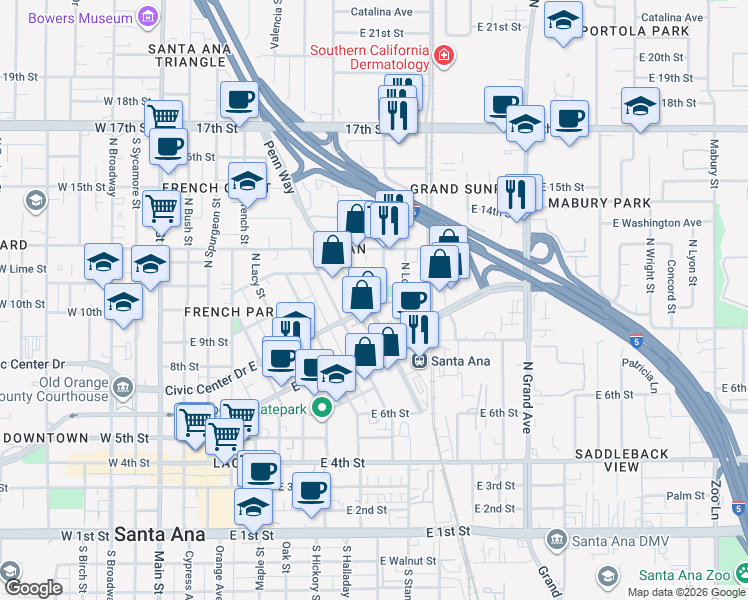 map of restaurants, bars, coffee shops, grocery stores, and more near 1023 North Custer Street in Santa Ana