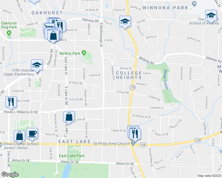 map of restaurants, bars, coffee shops, grocery stores, and more near 120 E Pharr Rd in Decatur