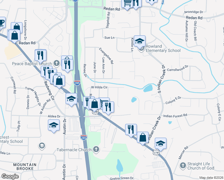 map of restaurants, bars, coffee shops, grocery stores, and more near 3990 West Hilda Circle in Decatur