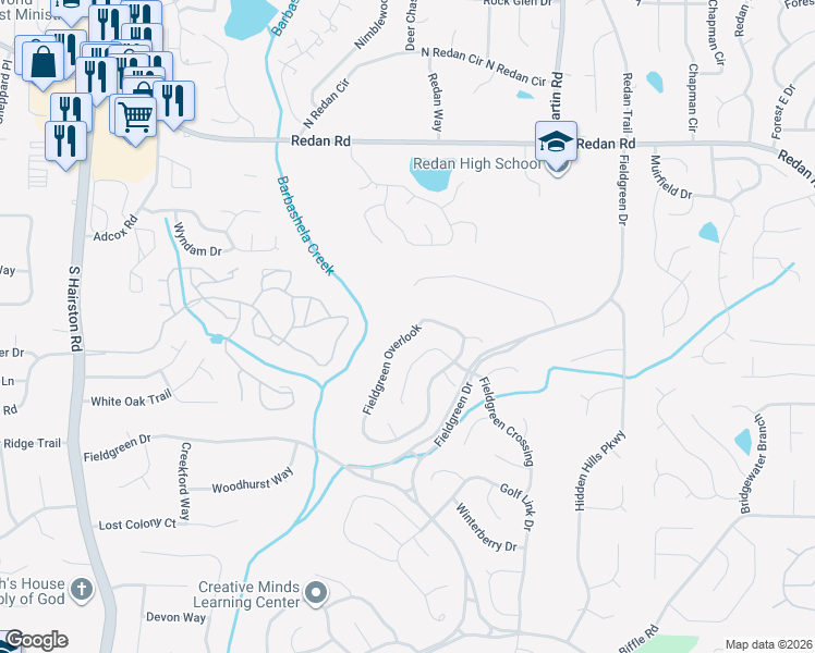 map of restaurants, bars, coffee shops, grocery stores, and more near 1643 Fieldgreen Overlook in Stone Mountain