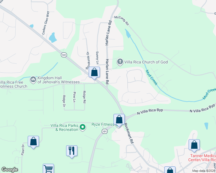 map of restaurants, bars, coffee shops, grocery stores, and more near 33 Harlan Lane Road in Villa Rica