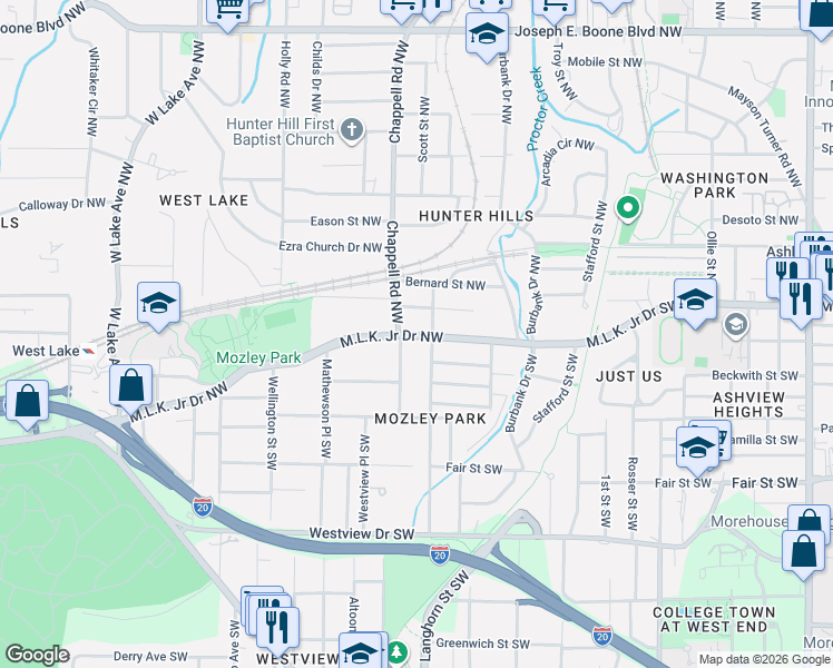 map of restaurants, bars, coffee shops, grocery stores, and more near 1310 Chicamauga Avenue Northwest in Atlanta