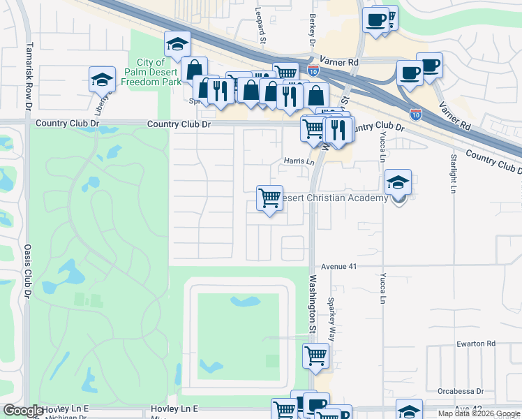map of restaurants, bars, coffee shops, grocery stores, and more near 77824 Sunnybrook Drive in Palm Desert