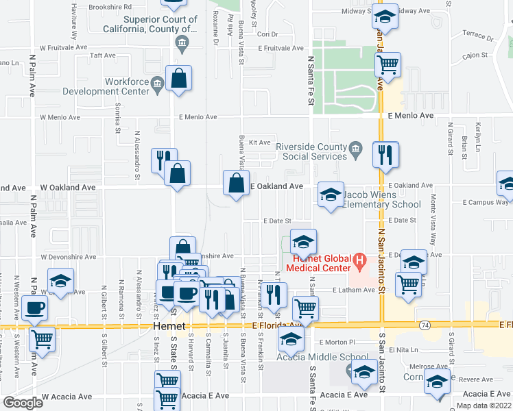map of restaurants, bars, coffee shops, grocery stores, and more near 437 North Franklin Street in Hemet