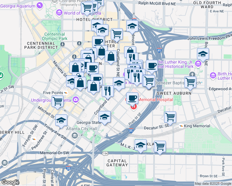 map of restaurants, bars, coffee shops, grocery stores, and more near 30 Courtland Street Southeast in Atlanta