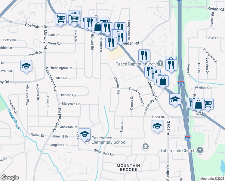 map of restaurants, bars, coffee shops, grocery stores, and more near 1343 Cornwall Road in Decatur