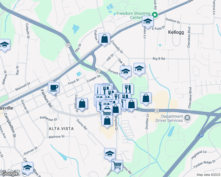 map of restaurants, bars, coffee shops, grocery stores, and more near 8308 Office Park Drive in Douglasville