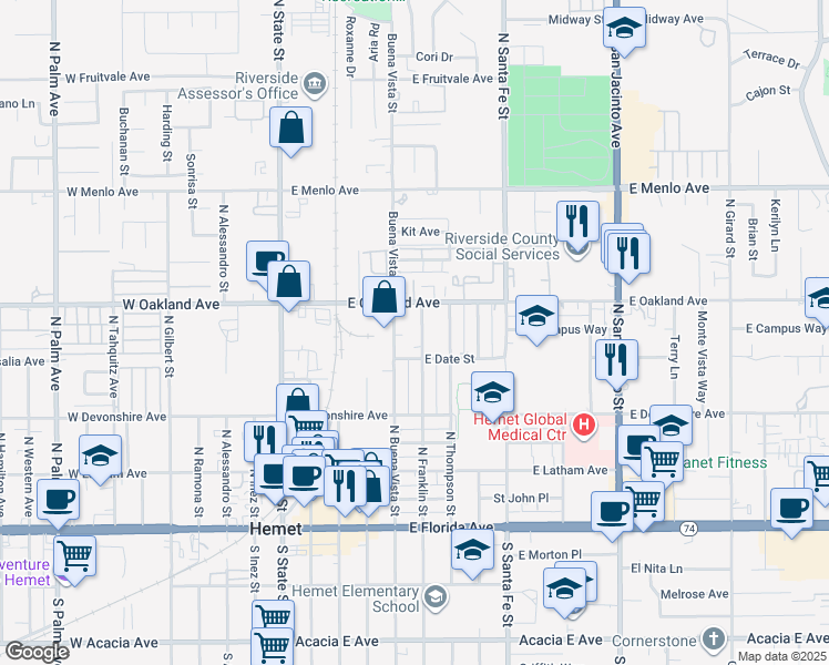 map of restaurants, bars, coffee shops, grocery stores, and more near 437 North Franklin Street in Hemet