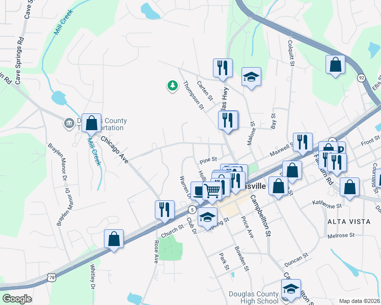 map of restaurants, bars, coffee shops, grocery stores, and more near 8305 Hollis St in Douglasville