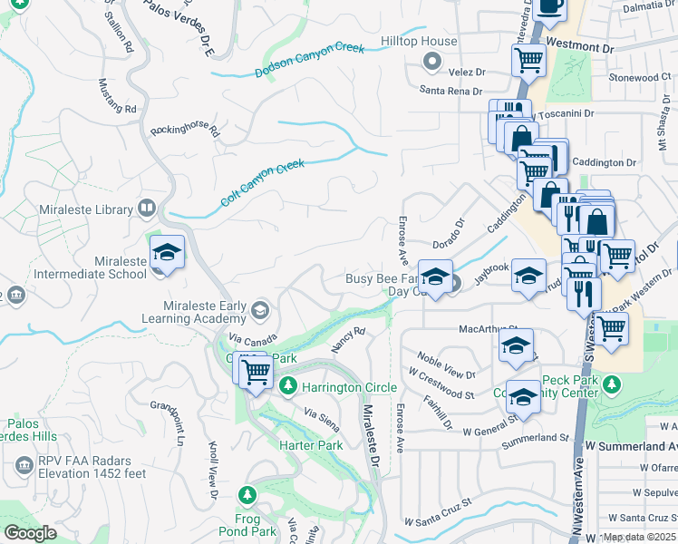 map of restaurants, bars, coffee shops, grocery stores, and more near 6457 Via De Anzar in Rancho Palos Verdes