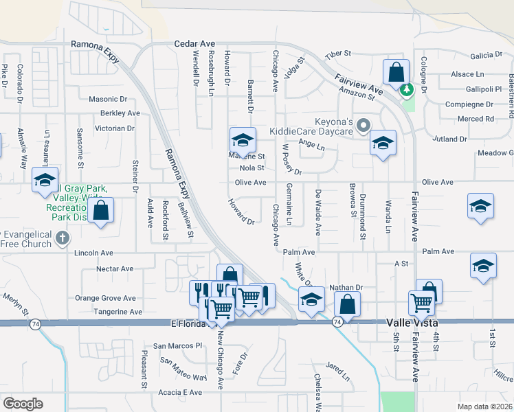 map of restaurants, bars, coffee shops, grocery stores, and more near 25307 Avenue Chagres in Hemet