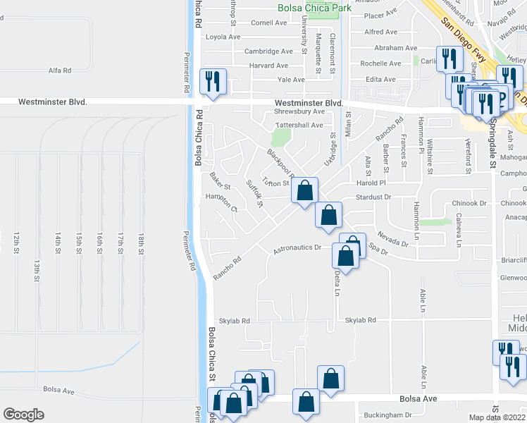 map of restaurants, bars, coffee shops, grocery stores, and more near 14405 Suffolk Street in Westminster