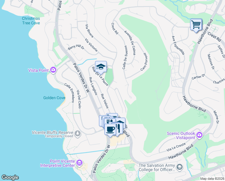 map of restaurants, bars, coffee shops, grocery stores, and more near 30715 Rue De La Pierre in Rancho Palos Verdes