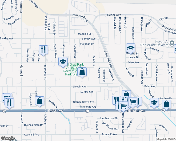 map of restaurants, bars, coffee shops, grocery stores, and more near 437 Winthrop Drive in Hemet