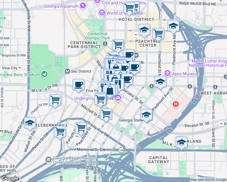 map of restaurants, bars, coffee shops, grocery stores, and more near 12-j Broad Street Southwest in Atlanta