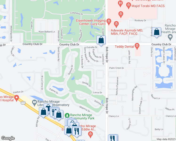 map of restaurants, bars, coffee shops, grocery stores, and more near 60 La Ronda Drive in Rancho Mirage