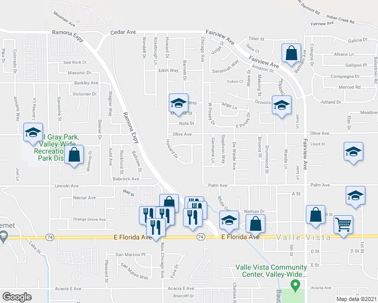 map of restaurants, bars, coffee shops, grocery stores, and more near 25307 Avenue Chagres in Hemet