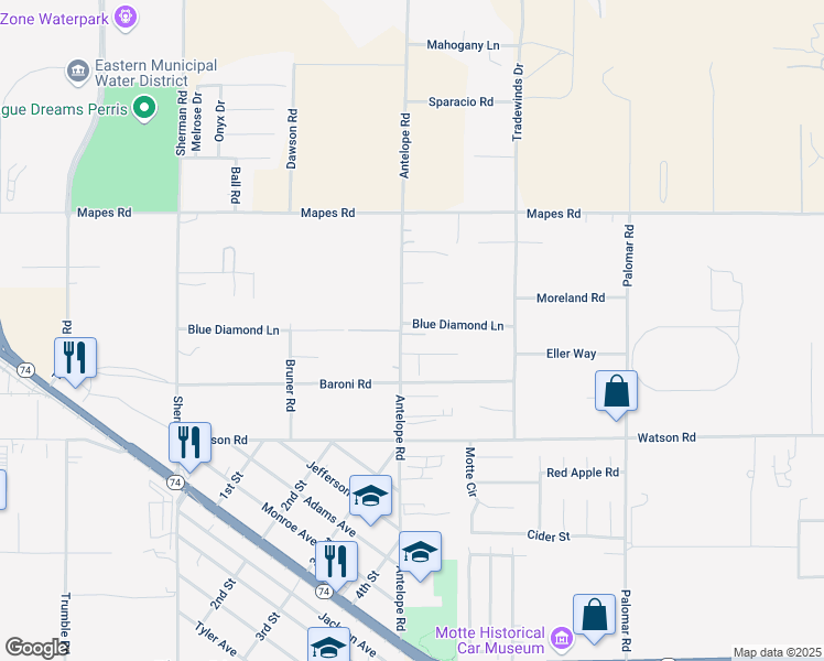 map of restaurants, bars, coffee shops, grocery stores, and more near 25260 Antelope Road in Menifee